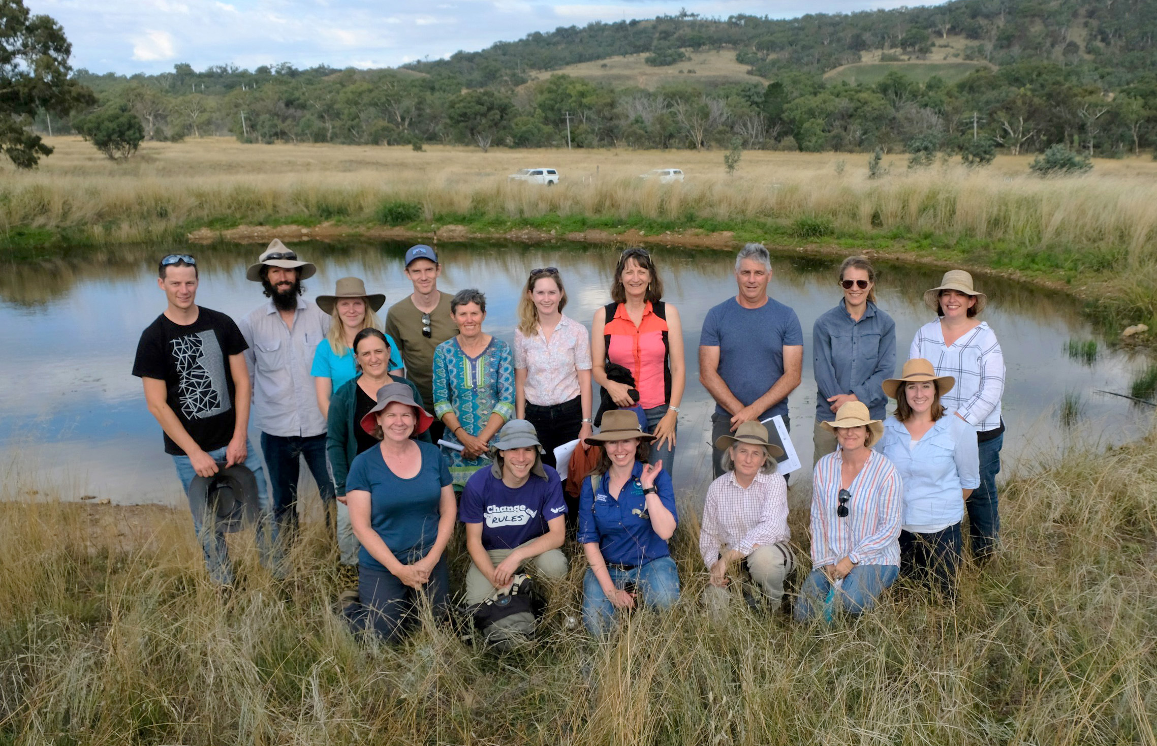 The Sustainable Farms team at a farm dam, 2021