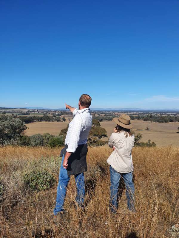 Two people looking over a farming landscape
