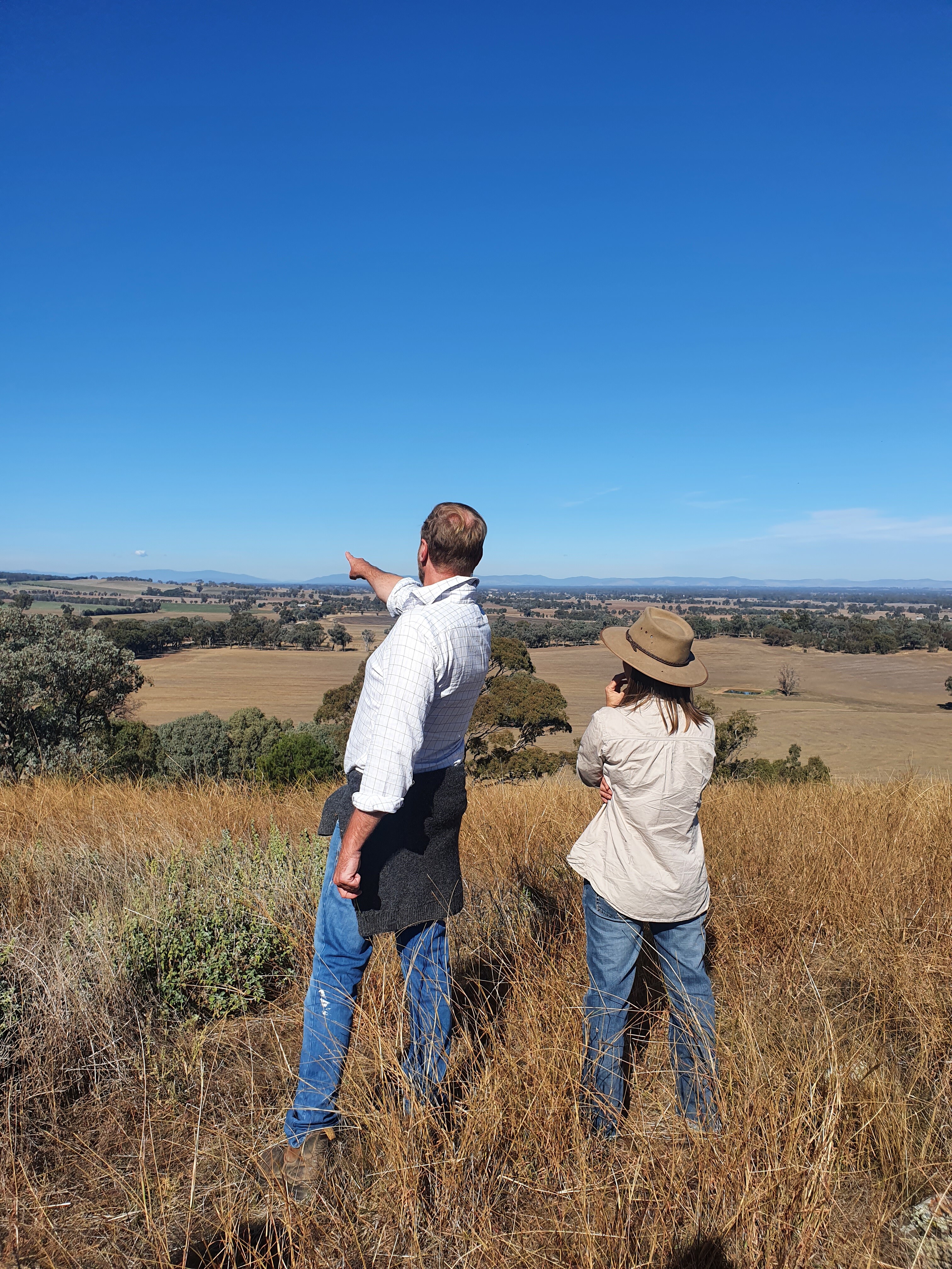 Two people looking over a farming landscape